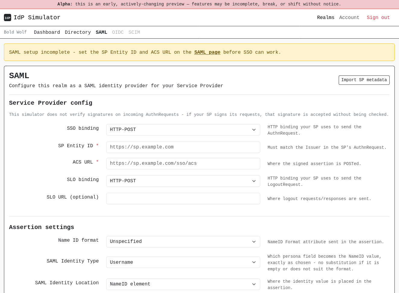 IdP Simulator SAML configuration page
